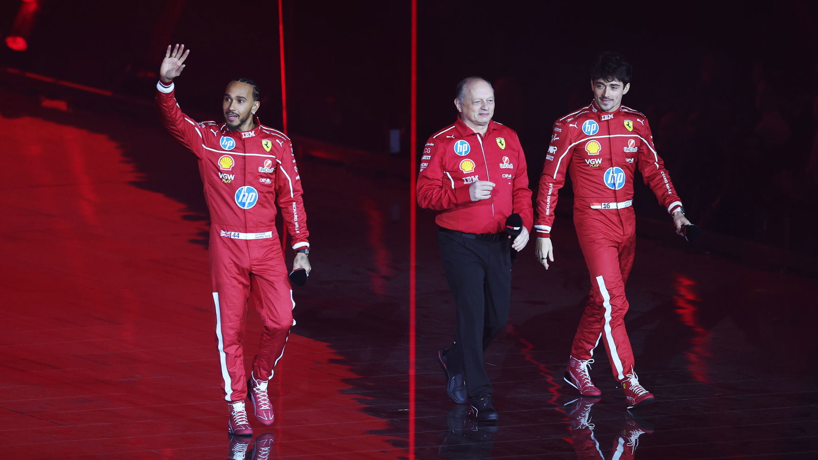 Lewis Hamilton, Fred Vasseur and Charles Leclerc